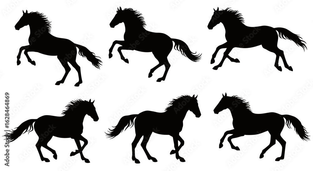 Poster a dynamically posed set of black horse silhouettes in various running and rearing positions, present