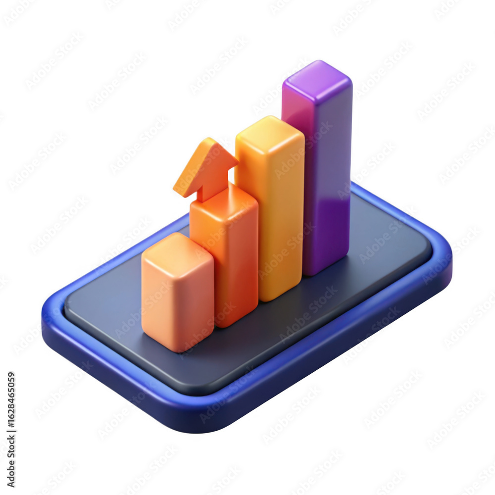 Poster 3d isometric bar chart showing upward trend on a smartphone isolated on transparent background