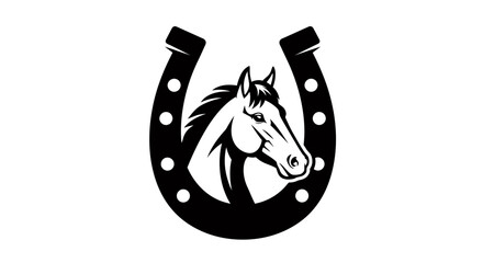 A striking black and white vector graphic of a horse's head emerging from a classic horseshoe, perfect for equestrian themes.