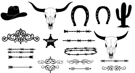 High-resolution vector PNG graphics of western design elements, including horseshoes, cowboy hats, longhorns, and barbed wire, ideal for branding and design projects.