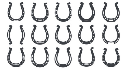 High-resolution vector PNG set of horseshoe icons, perfect for logos, emblems, and western designs.  These versatile graphics are ideal for various branding and design projects, offering a classic