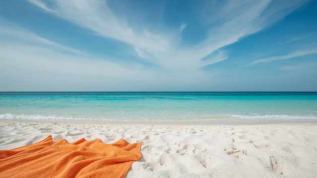Orange Towel on a White Sandy Beach with Turquoise Ocean and Blue Sky image photo