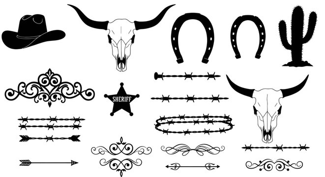 High-resolution vector PNG graphics of western design elements, including horseshoes, cowboy hats, longhorns, and barbed wire, ideal for branding and design projects.