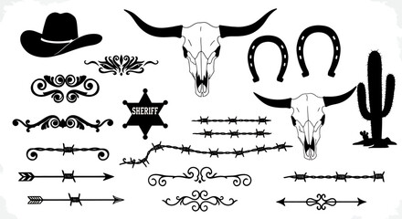 A collection of vector graphics featuring a cowboy theme, including a hat, horseshoe, bull skull, cactus, sheriff badge, barbed wire, and decorative elements, perfect for design.