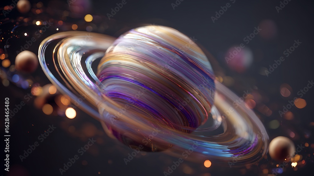 Poster a vibrant and colorful planet with rings in a cosmic space, an abstract and artistic representation 