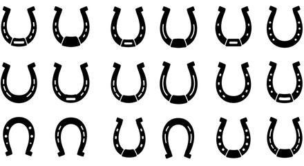 A vector illustration features a collection of horseshoe icons in various simplified designs, each a symbol of luck and equestrian tradition, isolated on white.