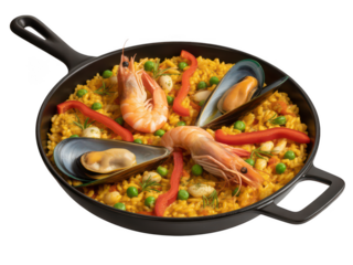 Delicious seafood paella in a black skillet isolated on transparent background