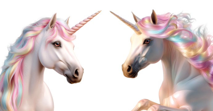 Set of two magical fantasy unicorns with rainbow manes facing each other on white background