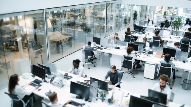 An overhead view captures a bustling open-plan office where numerous employees work at their desks with computers promoting a dynamic and collaborative environment