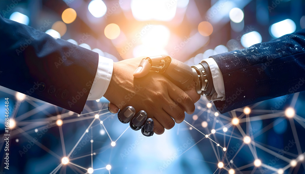 Poster two distinct hands, one human and one bionic, connect in a powerful gesture of unity amidst a glowin