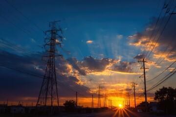 Silhouetted power lines stretch across a vibrant sunset landscape, the sun's rays bursting through dramatic clouds over a road and distant buildings