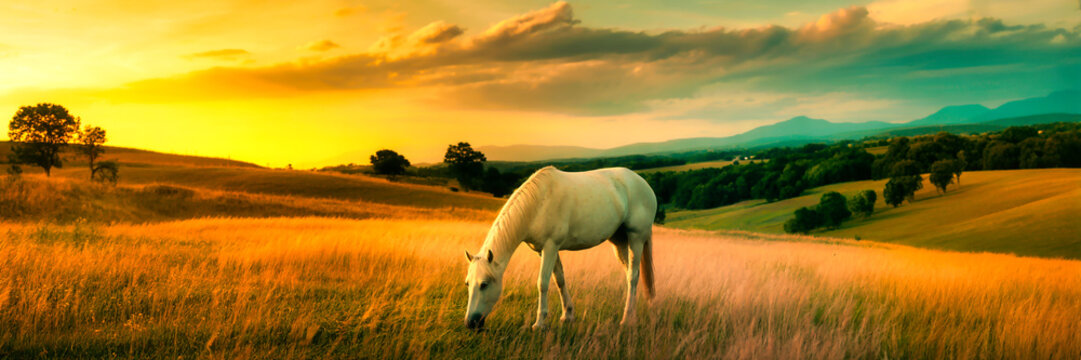 a white horse grazing in a field at sunset, scenic rolling hills, dramatic sky with vibrant orange and pink colors, detailed landscape, photorealistic, cinematic, 8k, highly detailed
 - Powered by Adobe