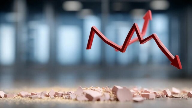 Economic downturn: A visual representation of financial decline is showcased with a downward-trending red arrow and shattered objects. Emphasizing economic instability.