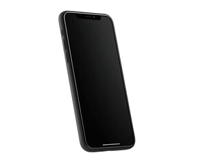 Sleek black smartphone with a dark screen, slightly angled, showcasing a minimalist design and smooth edges