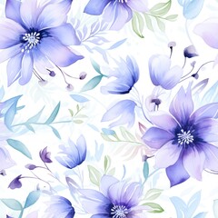 Floral Pattern with Purple and Blue Watercolor Flowers on White Background