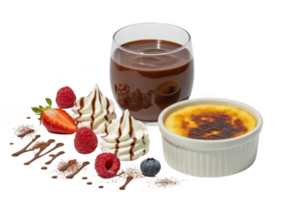 Decadent chocolate dessert platter with berries and creme brulee isolated on transparent background