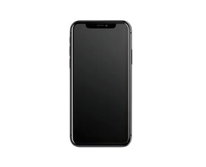 Sleek, black smartphone with a notched display, thin bezels, and a dark, blank screen, presented against a pure black background