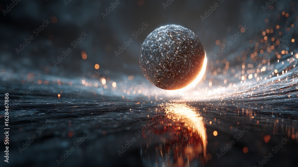 Poster a mesmerizing sphere of glitter reflects on a dark surface, creating a captivating abstract backgrou