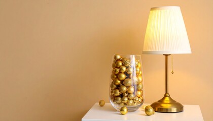 Golden Ornaments and Table Lamp Home Decor Still Life.