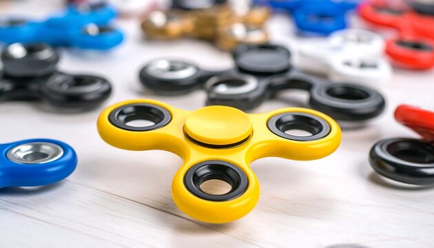 Colorful fidget spinners on a light wooden surface (1)