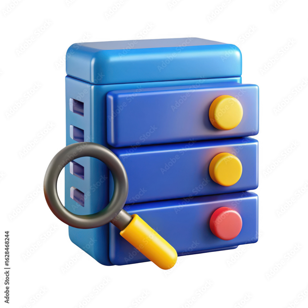 Poster 3d rendered blue database server stack with magnifying glass isolated on transparent background