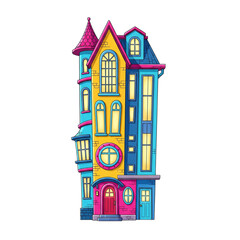 Naklejka premium Colorful cartoon house illustration with whimsical design and vibrant colors isolated on transparent background