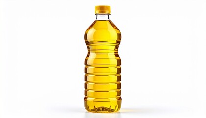Clear Plastic Bottle of Golden Yellow Cooking Oil Isolated on White Background.