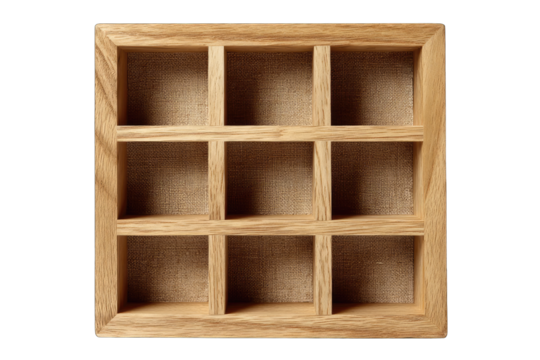 Square wooden box with twelve small, equally-sized compartments lined with light brown fabric