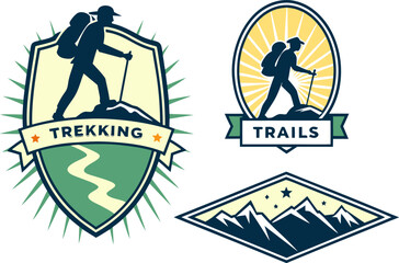 Naklejka premium Collection of stylized outdoor adventure logos featuring hikers mountains and trails perfect for branding and design