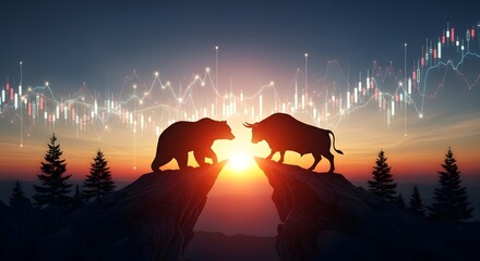 Silhouette of a bear and bull facing each other on rocky cliffs with a rising sun and stock market graph overlay.