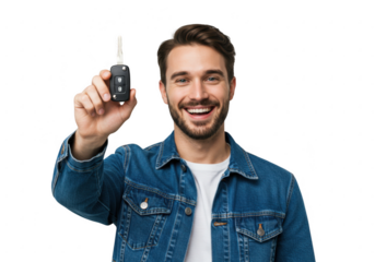 Man holding car key isolated on transparent background