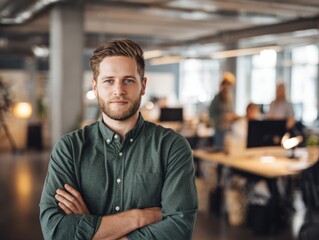 Obraz premium Portrait of a confident man with arms crossed in an office environment with blurred coworkers behind