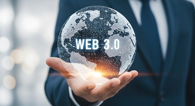 Businessman holding a glowing globe with WEB3.0 circuit pattern WEB 3.0 internet