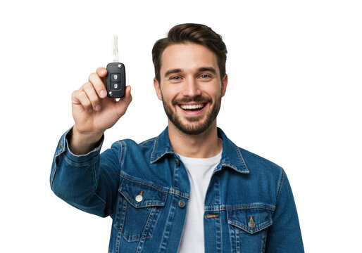 Man holding car key isolated on transparent background - Powered by Adobe