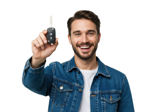 Man holding car key isolated on transparent background