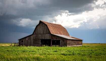 Old wooden barn standing in green field under stormy sky