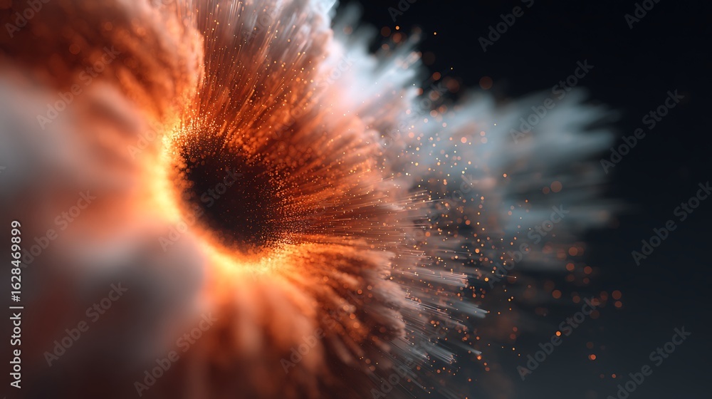 Poster fiery explosion of energy and light, a burst of power with abstract motion and smoke, creating a dyn