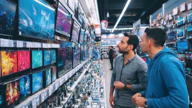 Two men stand in an electronics store aisle looking at and discussing multiple large televisions on display considering a purchase and comparing features
