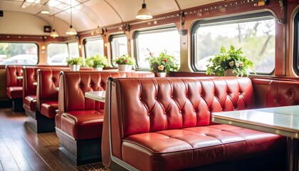 Fototapeta premium Retro Diner Booths in Vintage Bus Restaurant Interior.