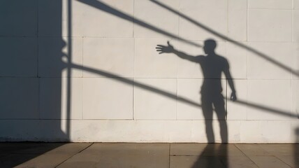 A shadow of a person extends their arm and hand towards the viewer, casting a silhouette against a textured, sunlit wall, creating a sense of connection and interaction