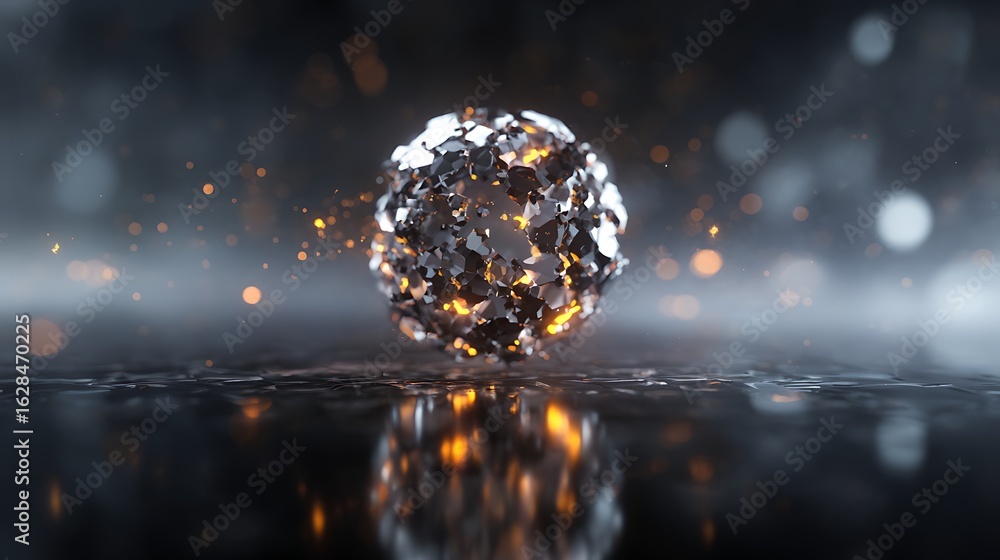 Poster abstract metal sphere reflecting light on a wet surface, creating a mesmerizing display of shape, de