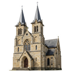 Old historical religious church building isolated on white or transparent png background
