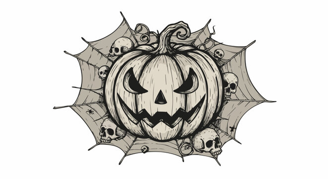 Spooky Halloween jack-o'-lantern surrounded by creepy skulls and cobwebs, perfect for your frightful holiday designs and chilling promotions.