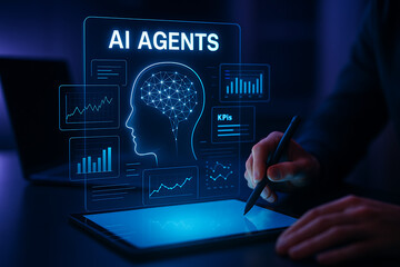 Fototapeta premium AI agents, artificial intelligence, business AI, digital agents, AI in business, stylus interaction, smart business tools, intelligent automation, AI assistant, business technology, AI dashboard, 