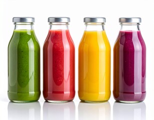 Four Colorful Smoothies in Glass Bottles