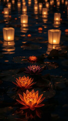 Glowing Lanterns and Water Lilies Floating on Dark Water at Night image photo
