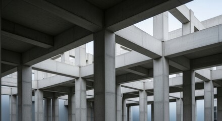 Abstract view of modern concrete structure with repetitive columns and beams design forming a