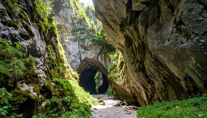 Exploring Canyon Cave with Rock Formation and Green Moss Sunlight