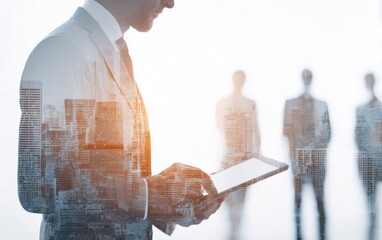 Businessman using tablet, city overlay