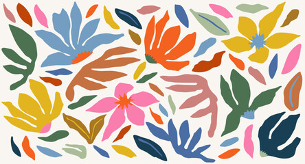 Collection of summer colorful flower elements vector. Set of cute flowers on white background. Hand drawn tropical floral vector for decor, poster, sticker, card, packaging, print and pattern.